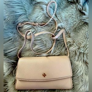 Tory Burch Robinson pebbled mini flap wallet cross body, pale pink